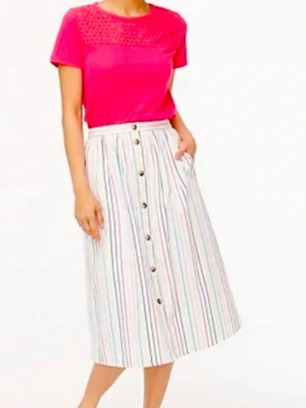 J. Crew Button Poplin Midi Skirt XL Rainbow Stripe Lined AO092 Pull On Pockets